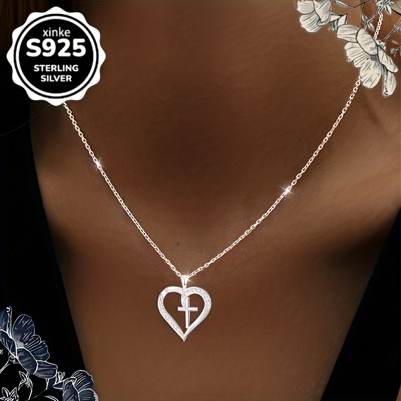 Women's Heart-Shaped Silvery Cross Necklace, Symbolizing Eternal Love
